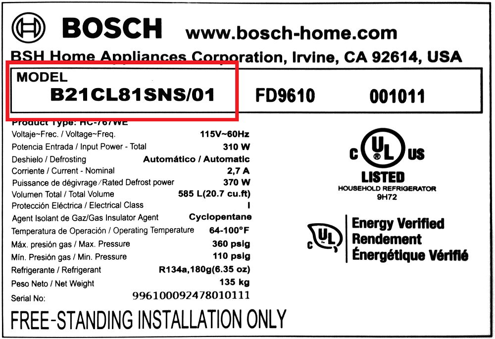 Miele appliance rating plate showing model number and serial number location